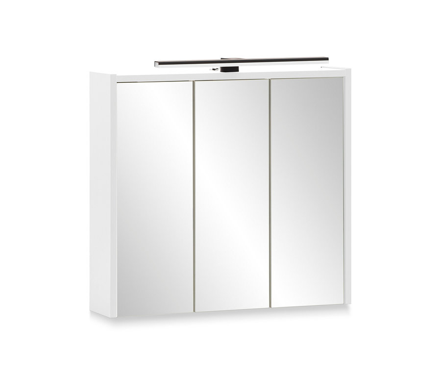 Weißer Spiegelschrank »Katta« mit drei Spiegeltüren und Beleuchtung oben.