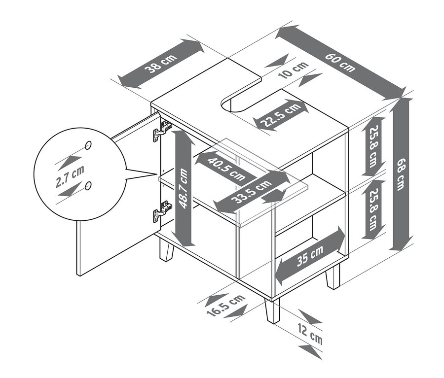 Abbildung eines Waschbeckenunterschranks mit Tür und seitlichem Fach, inklusive Maßangaben.