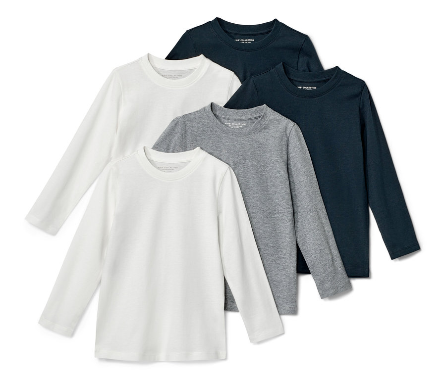 Fünf Kinder-Langarmshirts in Weiß, Grau und Dunkelblau.