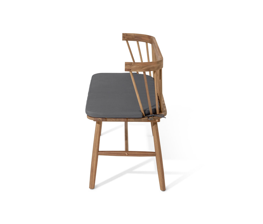 Seitenansicht einer Bank mit Sitzpolster.