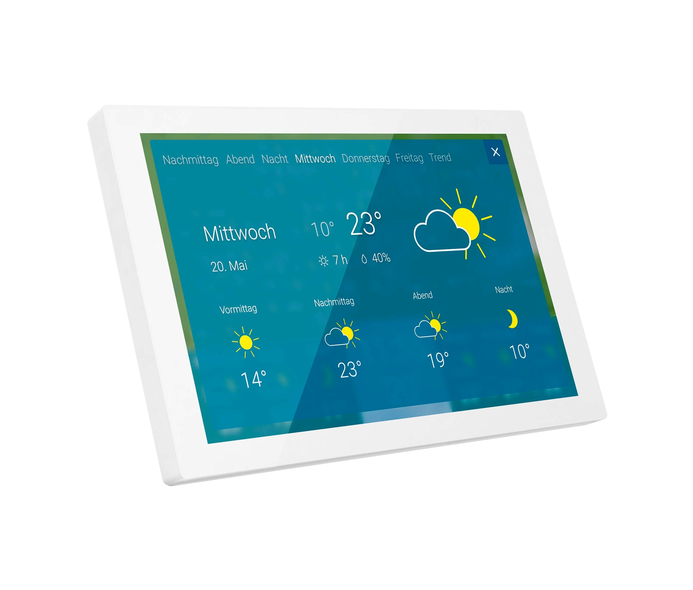 Auf dem Bildschirm wird die Wettervorhersage für Mittwoch, den 20. Mai, angezeigt. Die Temperatur reicht von 14 Grad am Morgen bis 23 Grad am Nachmittag.Premium-WLAN-Wetterstation mit HD-Display und WetterRadar von WetterOnline