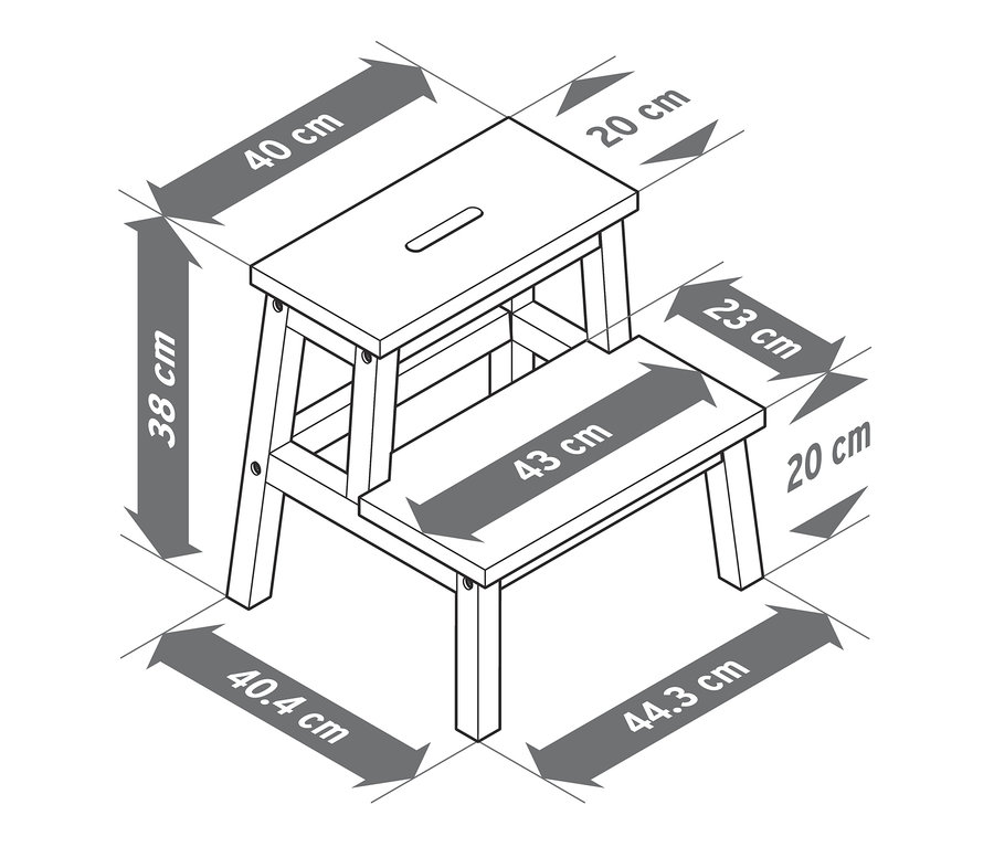 Skizze eines Tritthockers mit 2 Stufen und hervorgehobenen Abmessungen.