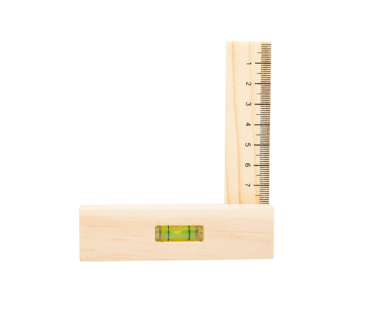 Ein hölzerner Winkel mit Wasserwaage und Zentimeterskala.