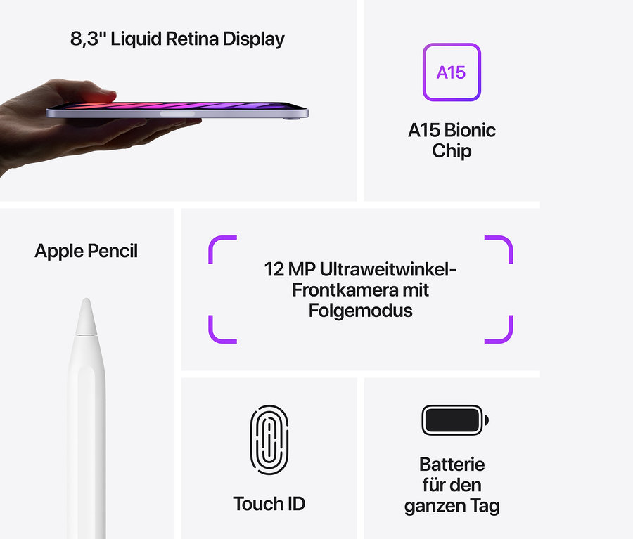 Abbildung eines Apple iPad mini und Apple Pencil mit Beschreibung der Eigenschaften.