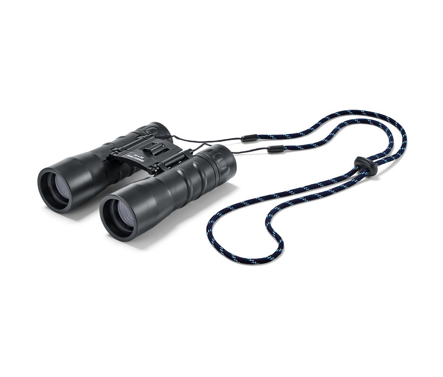 Schwarzes Taschenfernglas »12x32« mit Trageriemen.