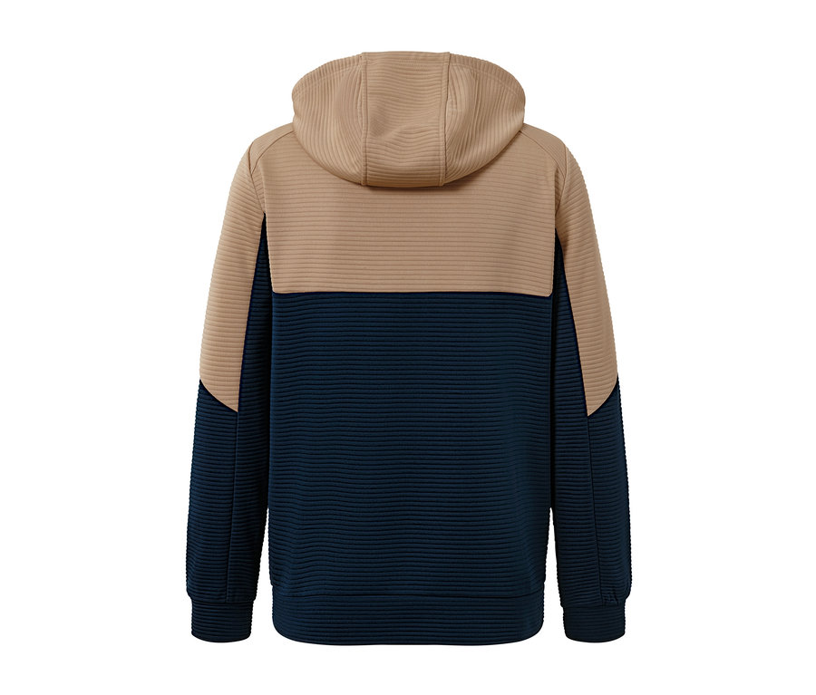 Rückansicht einer Funktionsjacke mit Kapuze in Beige und Dunkelblau.