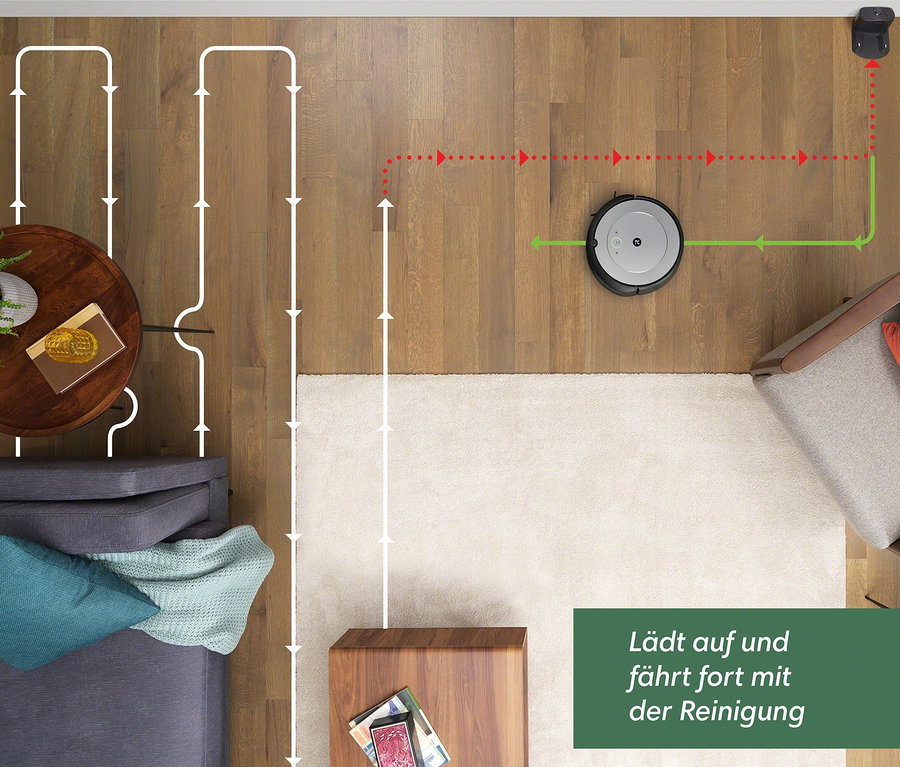 Draufsicht auf iRobot Roomba i1 Saugroboter, der sich auf einem Holzboden und Teppich bewegt und dabei einem mit Pfeilen markierten Weg folgt.