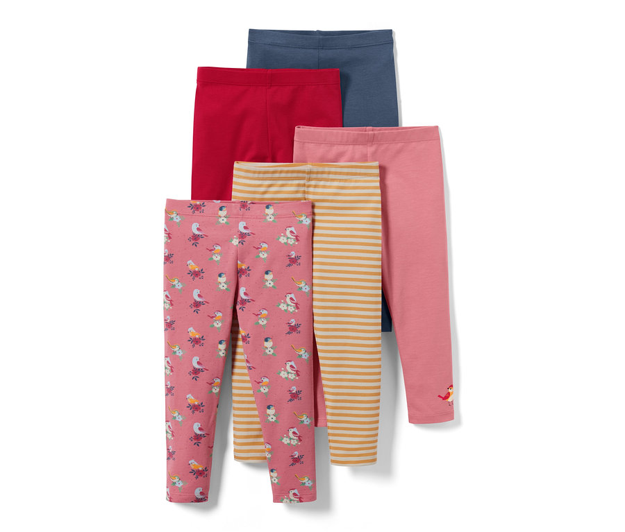 Fünf Kinder-Leggings mit Alloverprint.