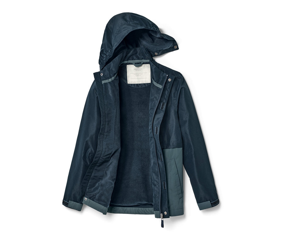 Geöffnete marineblaue Kinder-Allwetterjacke mit Kapuze.