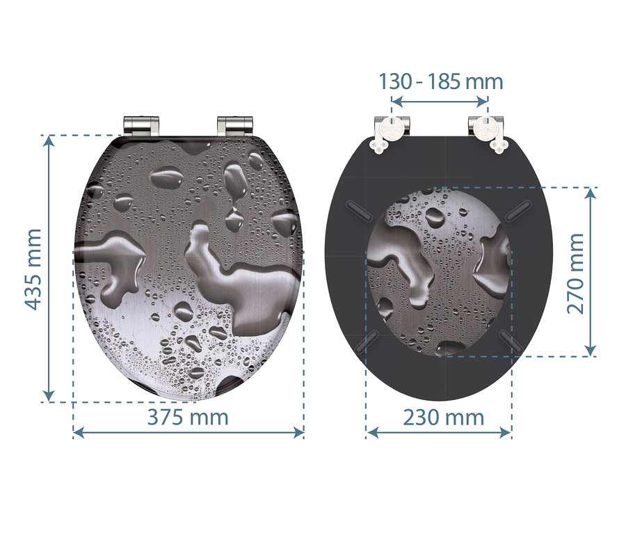 Abmessungen des MDF WC-Sitzes Grey Steel mit Wassertropfen.