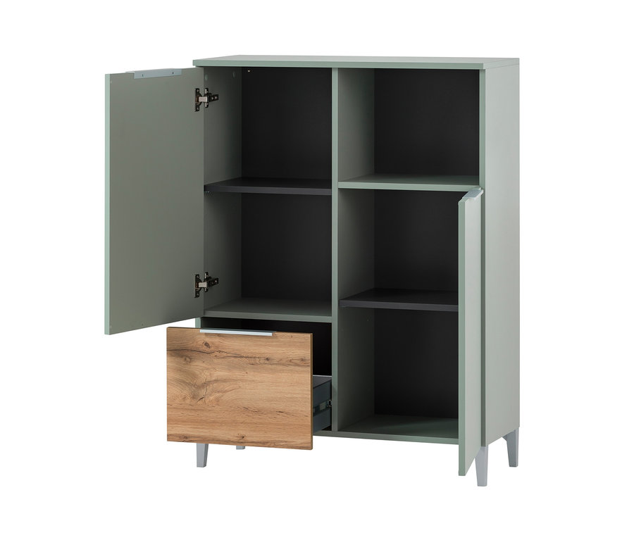 Offener hellgrüner Highboard Smilla mit Holzschublade.