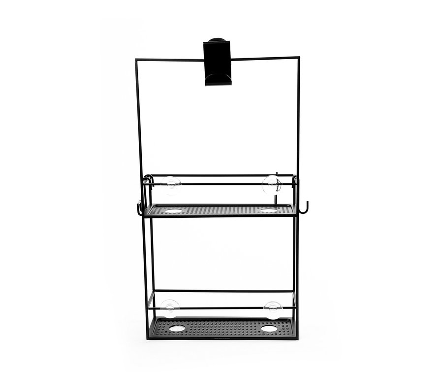 Schwarzes hängendes Duschregal mit zwei Ablagen mit Saugnäpfen.