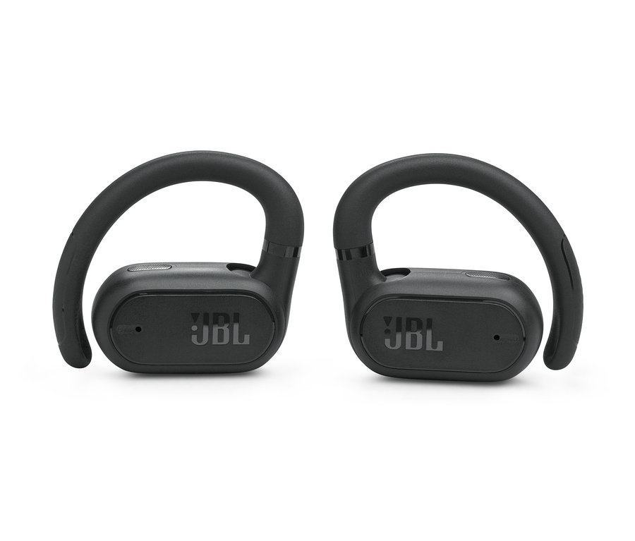 Zwei schwarze JBL Soundgear Sense Kopfhörer auf weißem Hintergrund.