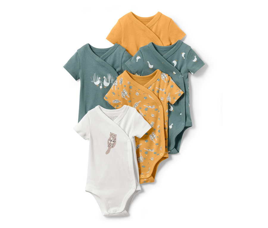 Fünf Baby-Bodys, Gans in den Farben Senfgelb, Blaugrün und Weiß mit Aufdruck.