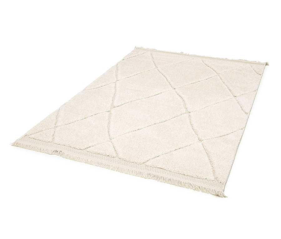 Ein beiger Indoorteppich »NATIVO Boho Lines« mit geometrischem Muster.