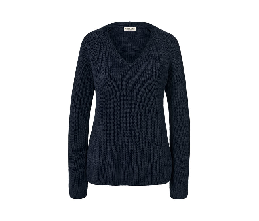 Marineblauer Strickpullover mit V-Ausschnitt.