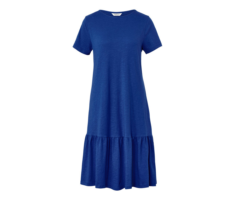 Kobaltblaues Jerseykleid mit Volant.