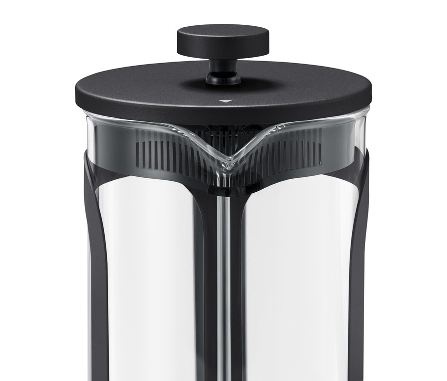 Detail einer schwarzen Siebstempelkanne mit 800 ml Fassungsvermögen.