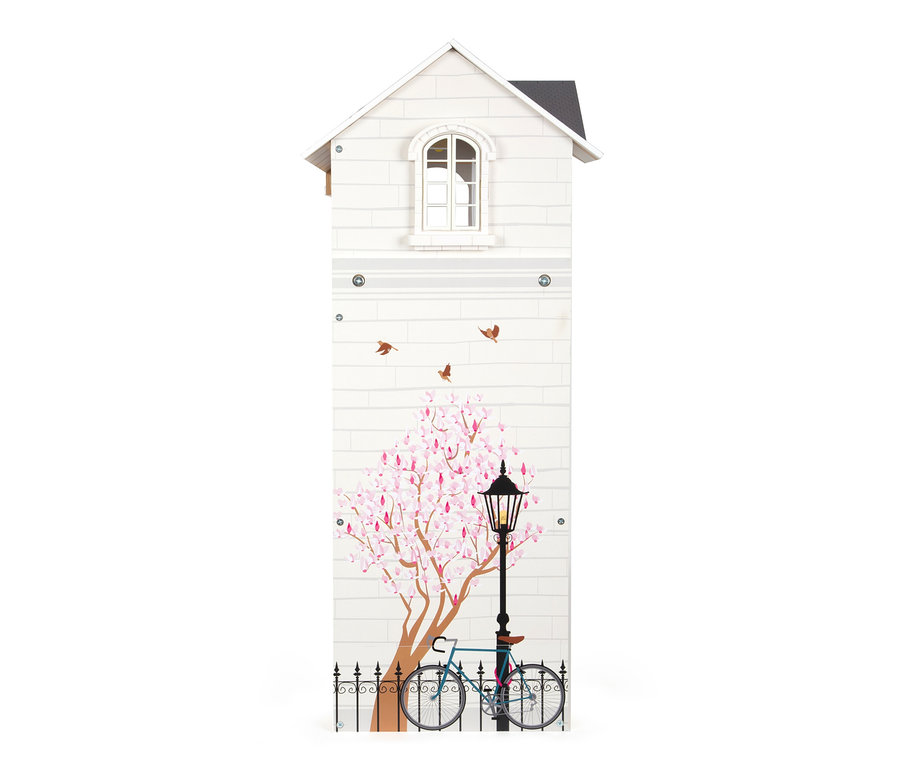 Illustration des Small Foot Puppenhaus Stadtvilla mit Fahrrad und Laterne