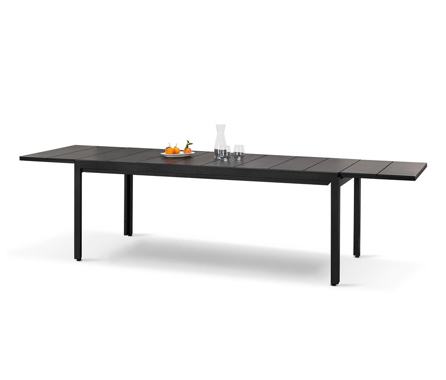 Ausziehtisch aus robustem Duraboard mit Obst und Getränken.