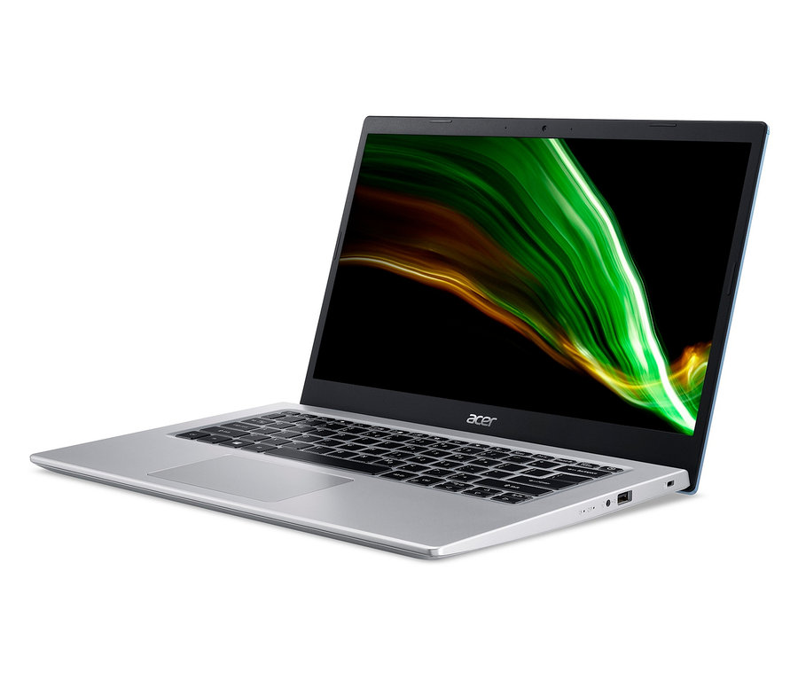 Silberner Acer Laptop mit schwarzer Tastatur und grün-gelbem Hintergrundbild auf dem Bildschirm. Acer Aspire A514-54-35WT Notebook, blau