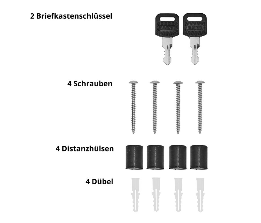 Zwei Briefkastenschlüssel, vier Schrauben, vier Abstandshülsen und vier Dübel.