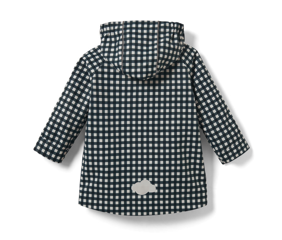 Kleinkind-Regenjacke mit Kapuze, schwarz-weiß kariert.