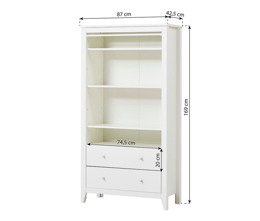 Weißes Regal mit Fächern und zwei Schubladen. Zu sehen ist der Hoppekids Schrank »Hans«.