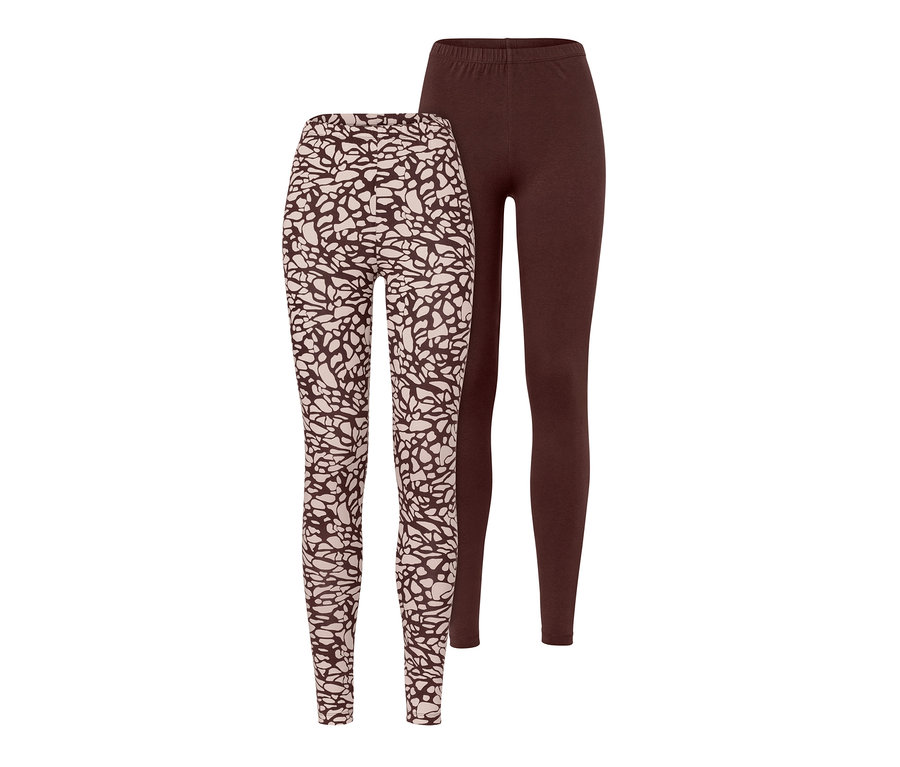 Zwei Leggings: eine braune und eine gemusterte.