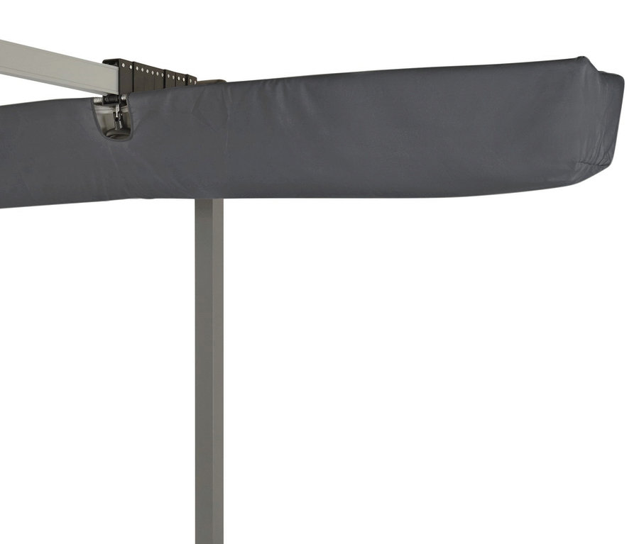 Nahaufnahme eines anthrazitfarbenen Leco Sonnendachs, 400 x 250 cm.
