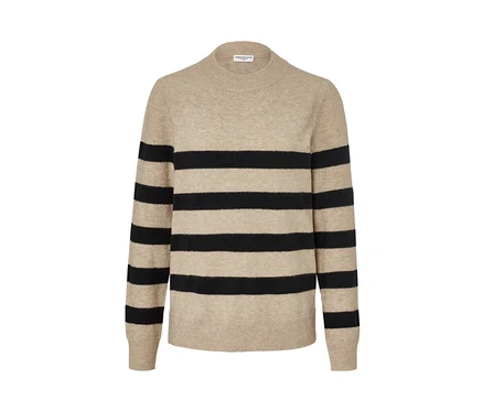 Gestreifter Strickpullover in Beige und Schwarz.