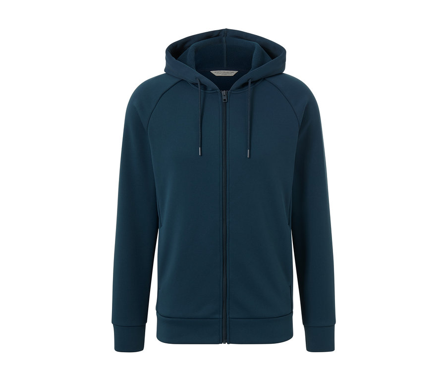 Eine marineblaue Funktions-Kapuzenjacke mit Reißverschluss in der Mitte.