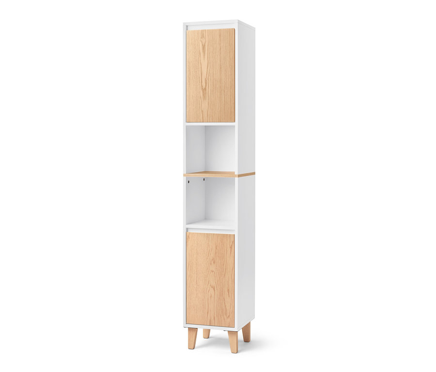 Ein weißer Bad-Hochschrank mit offenem Fach und 2 Türen, die oberen und unteren Türen sind aus Holz.