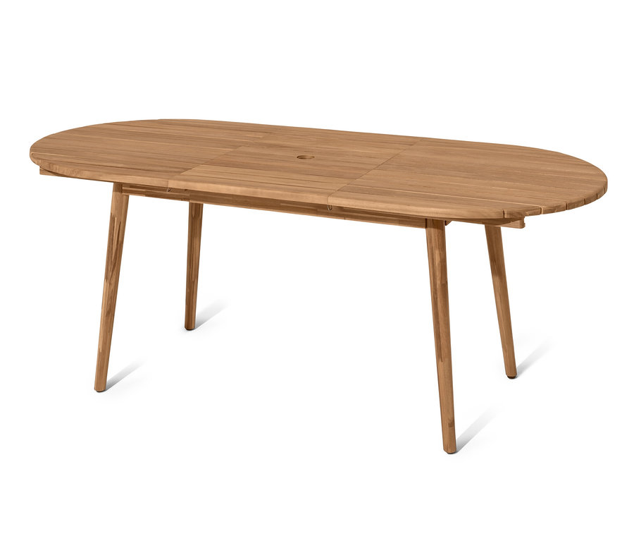 Ein ovaler Ausziehtisch aus braunem Holz mit vier Beinen.