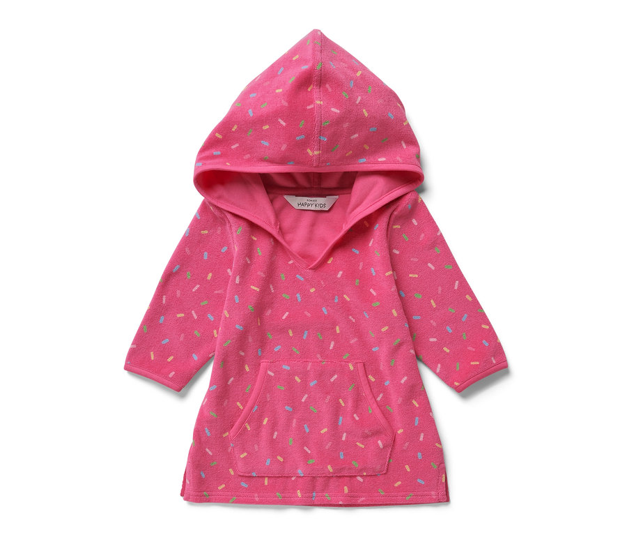 Kinder-Frottierponcho, pink, mit Kapuze und Tasche vorne.