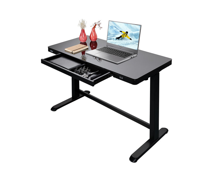 Schwarzer, höhenverstellbarer Schreibtisch mit Laptop, Vasen und Notizbuch. MEDION® höhenverstellbarer Schreibtisch, schwarz, 120 x 60 cm.