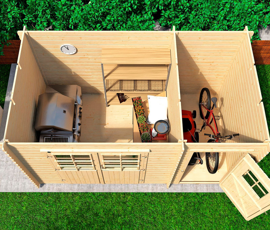 Draufsicht auf ein Weka Gartenhaus mit separatem Raum, Grill, Fahrrad und Gartenausstattung.