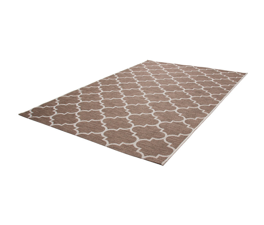 Beiger Outdoor-Teppich mit weißem marokkanischem Muster.