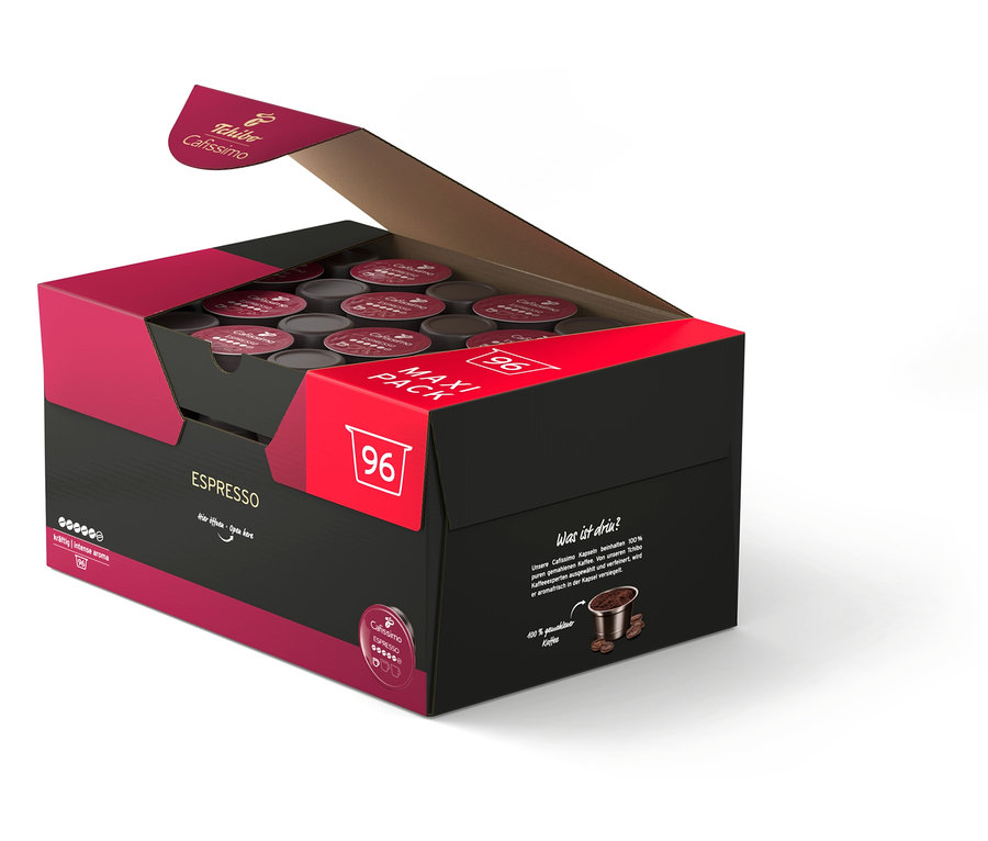 Geöffnete Packung Cafissimo Espresso kräftig - 96 Kapseln, wobei die Kapseln sichtbar sind.