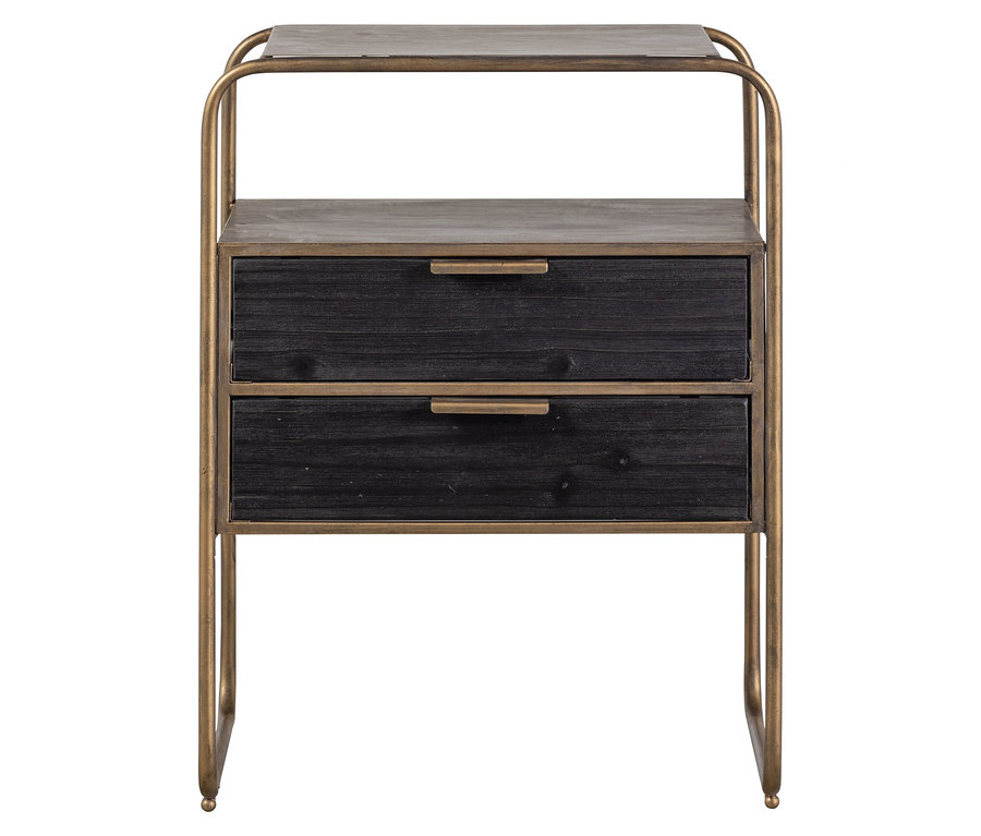 BePureHome Nachttisch »Polite« mit zwei Schubladen aus schwarzem Holz und Metallrahmen.