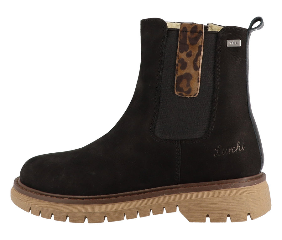 Schwarze LURCHI »Elena-TEX« Stiefelette mit brauner Sohle.