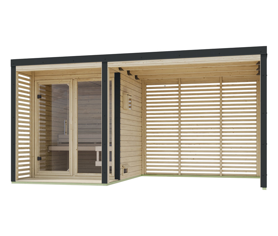 Eine Außensauna mit Glastür und überdachter Terrasse mit Holzlamellen.