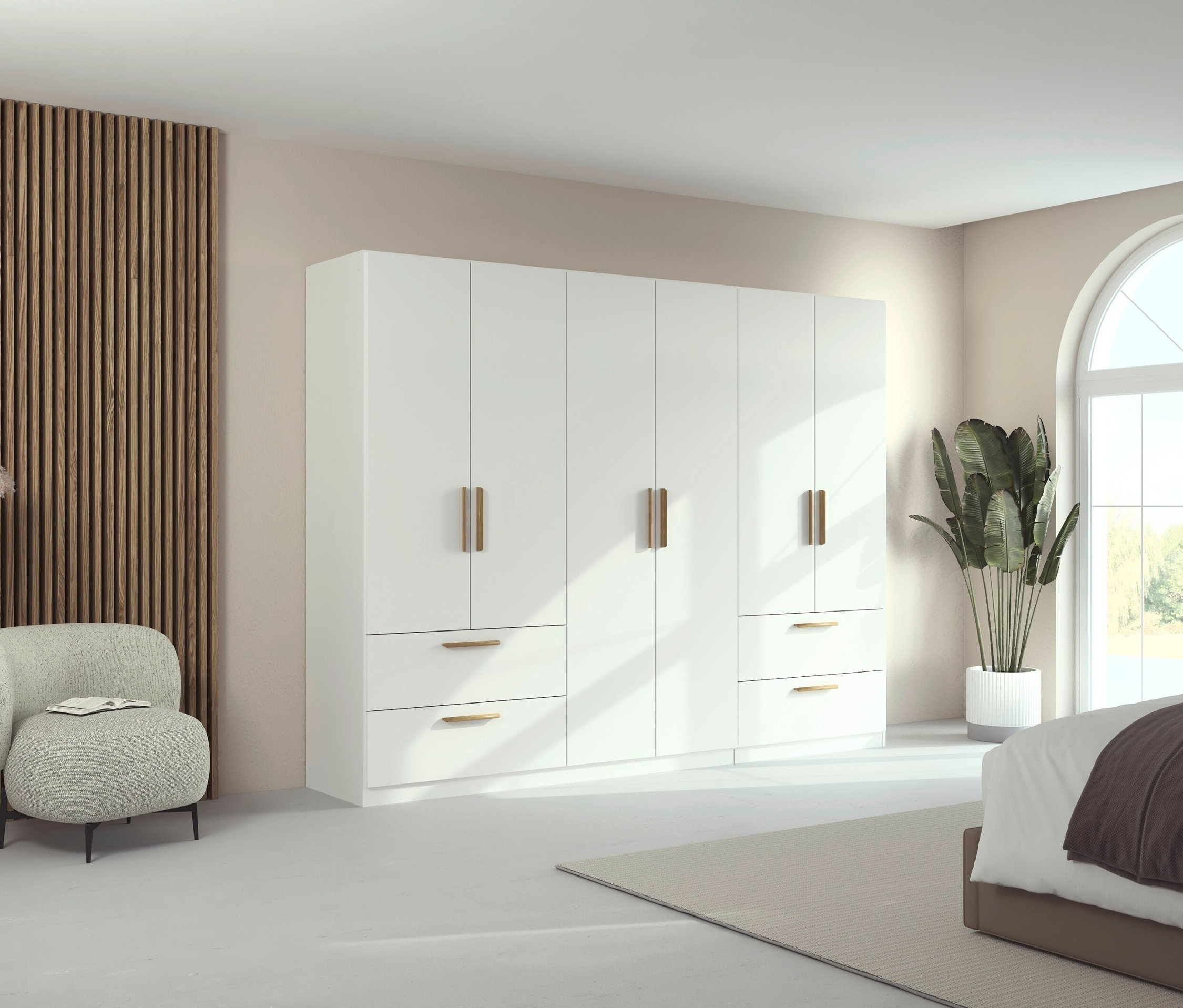 Thumbnail - Rauch Drehtürenschrank "Skandi" 6-türig mit vier Schubladen - 271x54x210cm - braun - Holz