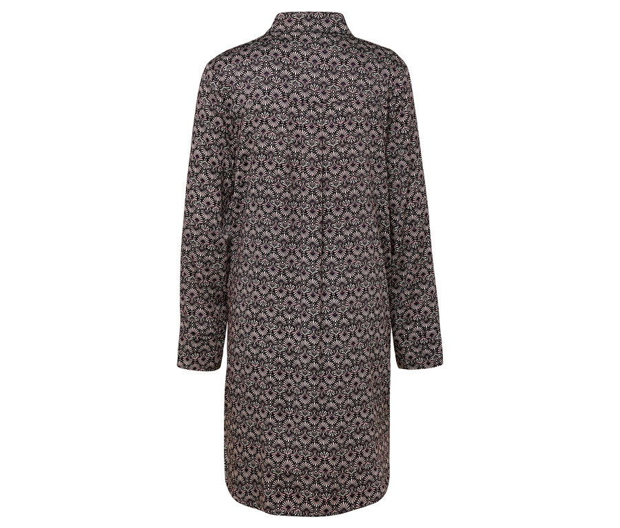 Rückansicht eines langen, schwarzen Kleides mit Blumenmuster.