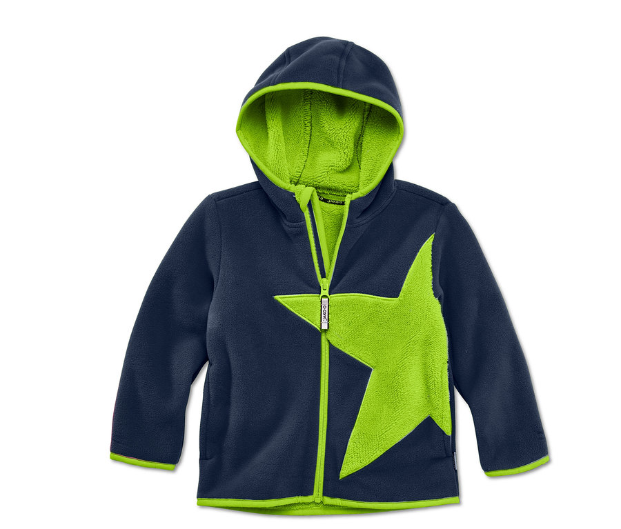 Marineblaue Jako-O Kuschelfleecejacke mit Kapuze, limegrünem Futter und Stern.