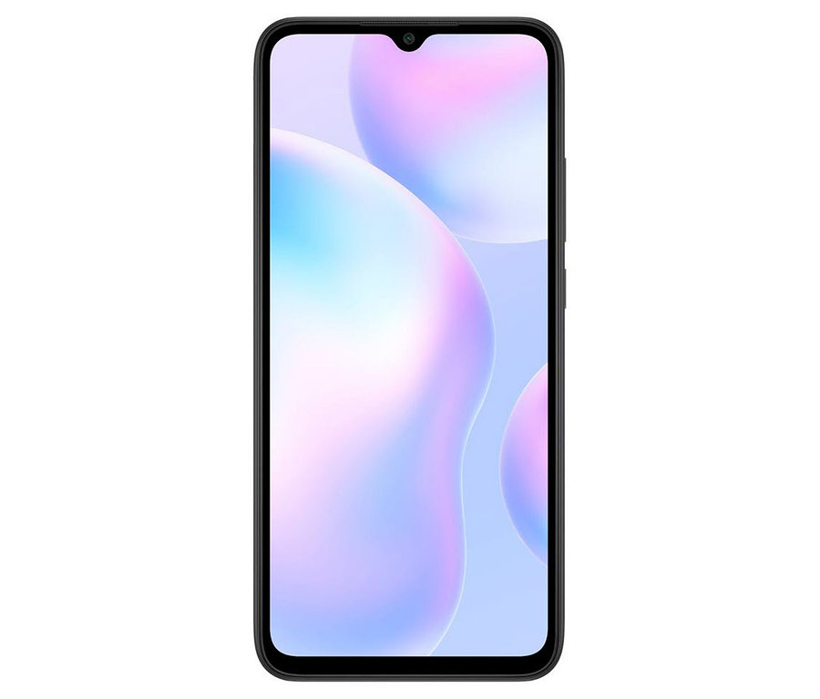 Vorderansicht eines Xiaomi Redmi 9A Mobiltelefons in Granitgrau.