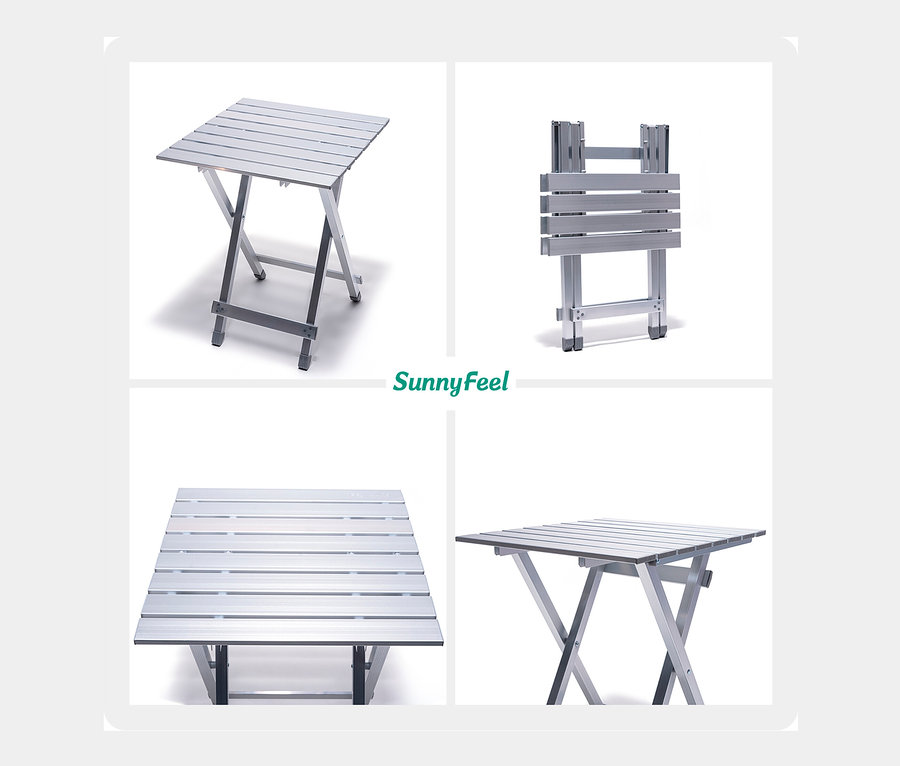 Vier Ansichten eines Camping-Alu-Tisches, zusammengeklappt und aufgestellt.