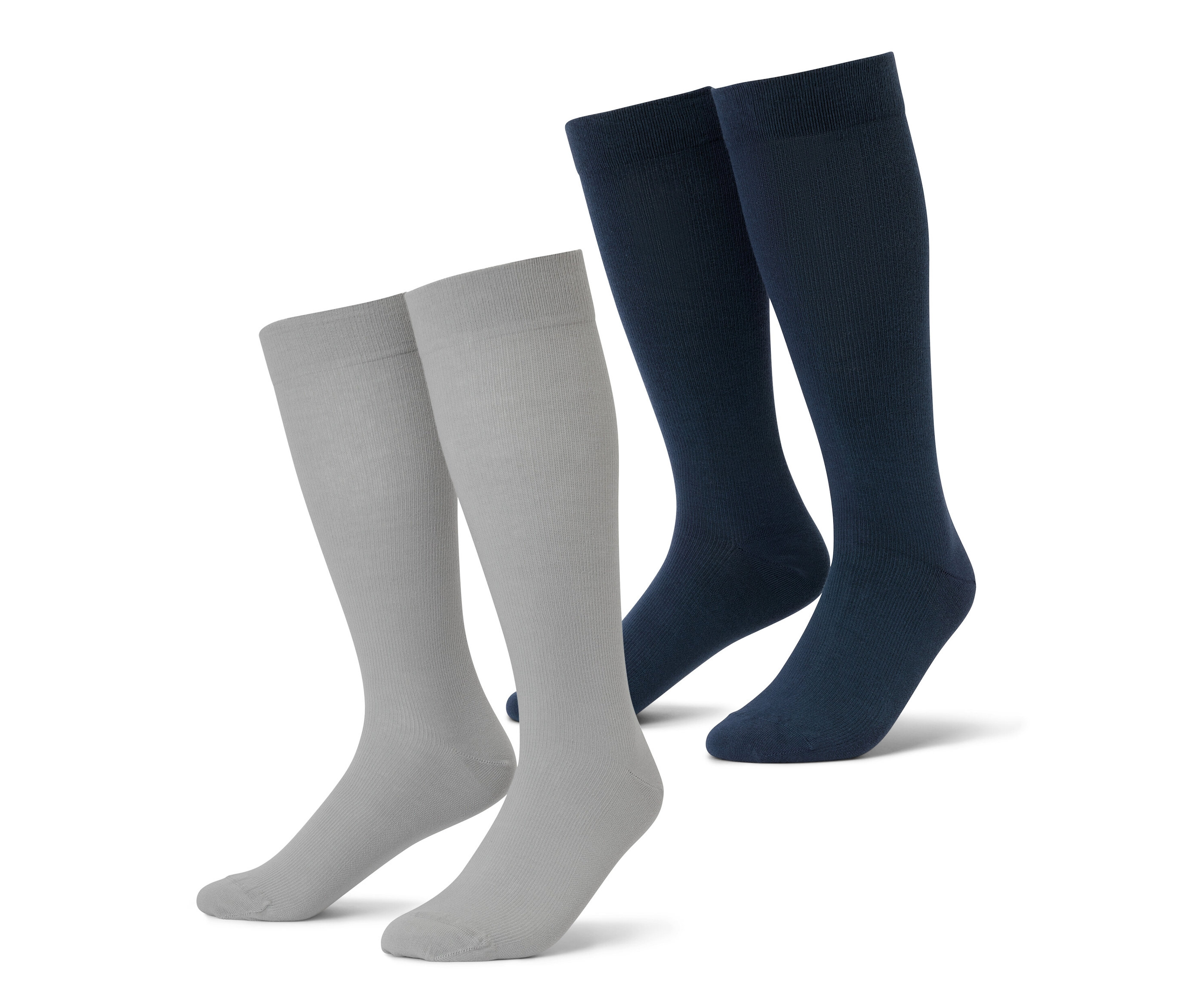 Zwei Paar Reise-Kompressionsstrümpfe in Grau und Dunkelblau.