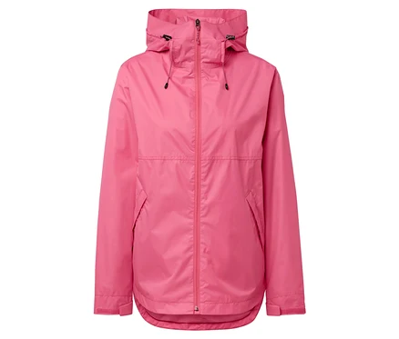 Pinke Jacke mit Kapuze und Reißverschluss in der Mitte.