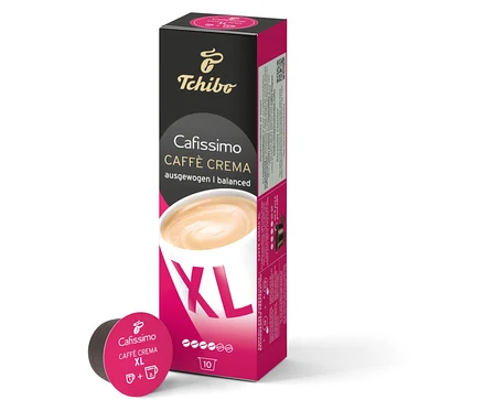 Eine Packung Cafissimo Caffè Crema XL Kapseln und eine einzelne Kapsel sind zu sehen.